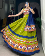 PARROT GREEN AND BLUE COLOR PURE COTTON NAVRATRI LEHENGA CHOLI