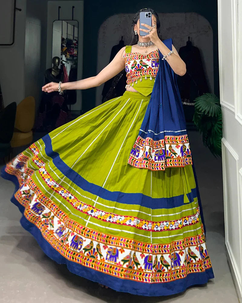 PARROT GREEN AND BLUE COLOR PURE COTTON NAVRATRI LEHENGA CHOLI