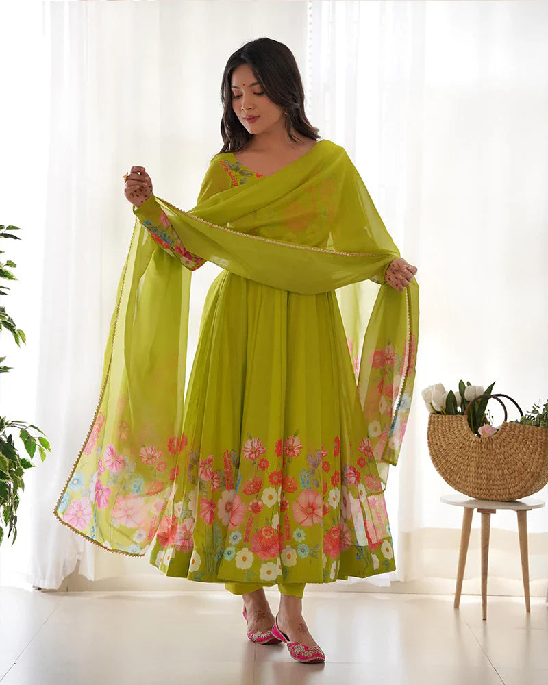 NEON COLOR FLORAL PRINT ORGANZA THREE PIECE ANARKALI SUIT