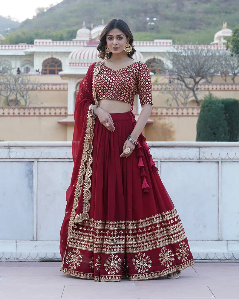 DESIGNER SEQUENCE EMBROIDERY WORK GEORGETTE LEHENGA CHOLI IN MAROON COLOR