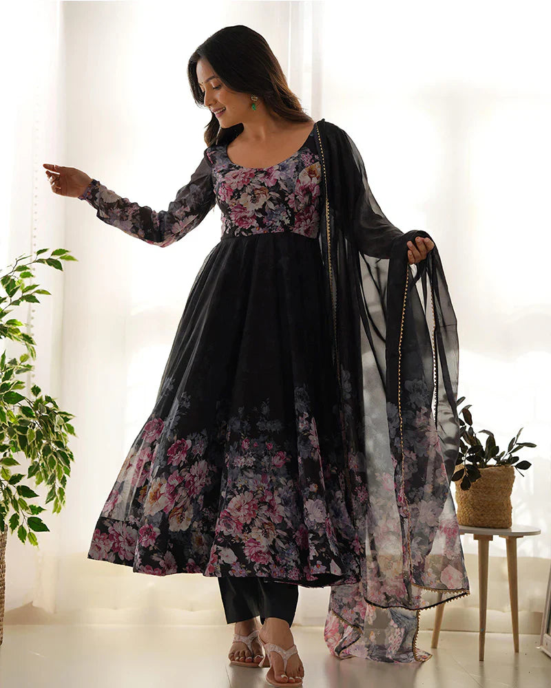 BLACK COLOR FLORAL PRINT ORGANZA THREE PIECE ANARKALI SUIT