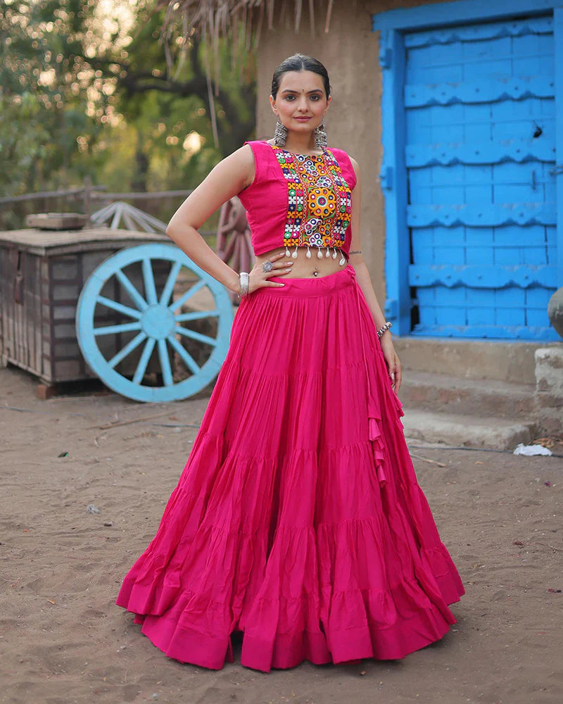 RANI PINK COLOR RAYON EMBROIDERED NAVRATRI LEHENGA CHOLI