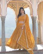 YELLOW COLOR GEORGETTE HEAVY EMBROIDERY THREADED SEMI STITCHED LEHENGA CHOLI