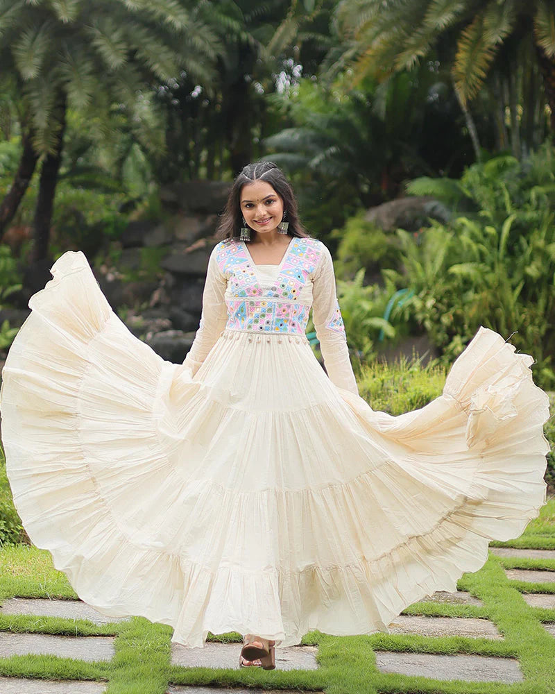 OFF-WHITE COLOR KORA COTTON NAVRATRI GOWN