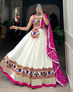 WHITE COLOR RAYON GAMTHI WORK NAVRATRI LEHENGA CHOLI