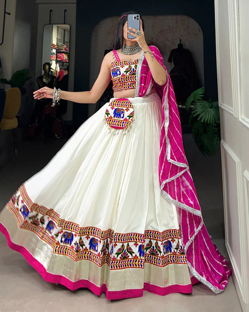 WHITE COLOR RAYON GAMTHI WORK NAVRATRI LEHENGA CHOLI