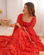 RED COLOR BANDHEJ PRINT SOFT CHIFFON ANARKALI SUIT SET OF 3