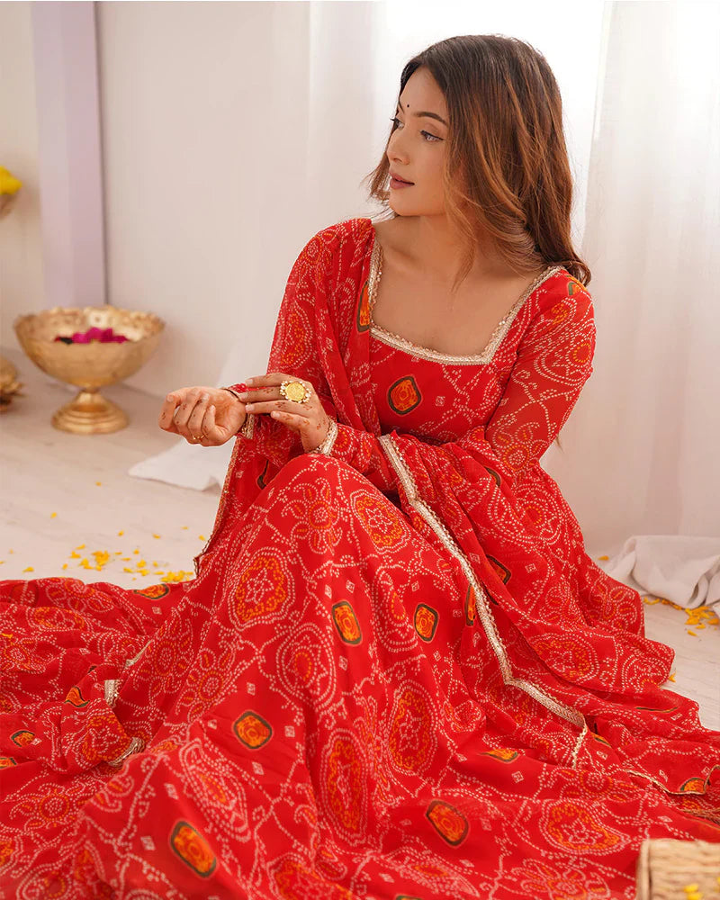 RED COLOR BANDHEJ PRINT SOFT CHIFFON ANARKALI SUIT SET OF 3