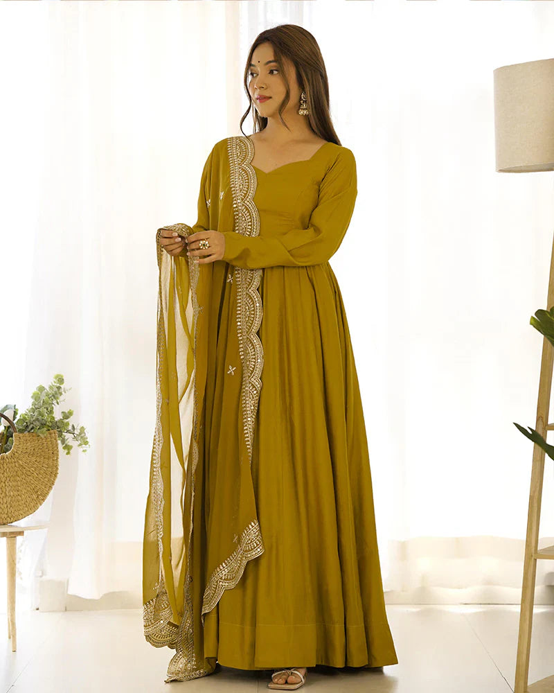 BEAUTIFUL MUSTARD COLOR PURE CHANDERI SILK THREE PIECE ANARKALI SUIT