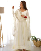 BEAUTIFUL WHITE COLOR PURE CHANDERI SILK THREE PIECE ANARKALI SUIT