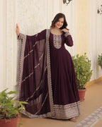 WINE COLOR FAUX BLOOMING RICH SEQUENCE EMBROIDERED GOWN