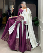 WHITE AND WINE COLOR COTTON NAVRATRI LEHENGA CHOLI