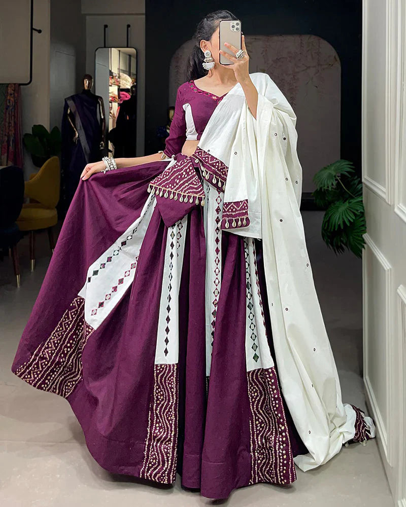 WHITE AND WINE COLOR COTTON NAVRATRI LEHENGA CHOLI