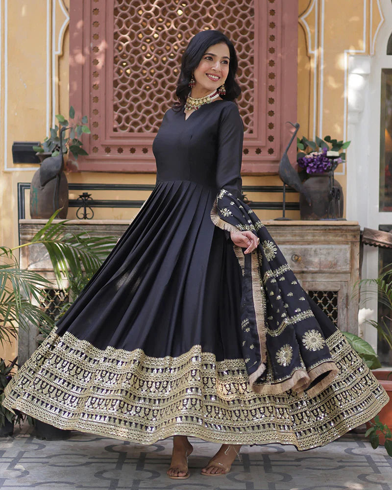 BLACK COLOR STAR GEORGETTE FABRIC BASE EMBROIDERED SEQUENCE WORK GOWN WITH DUPATTA