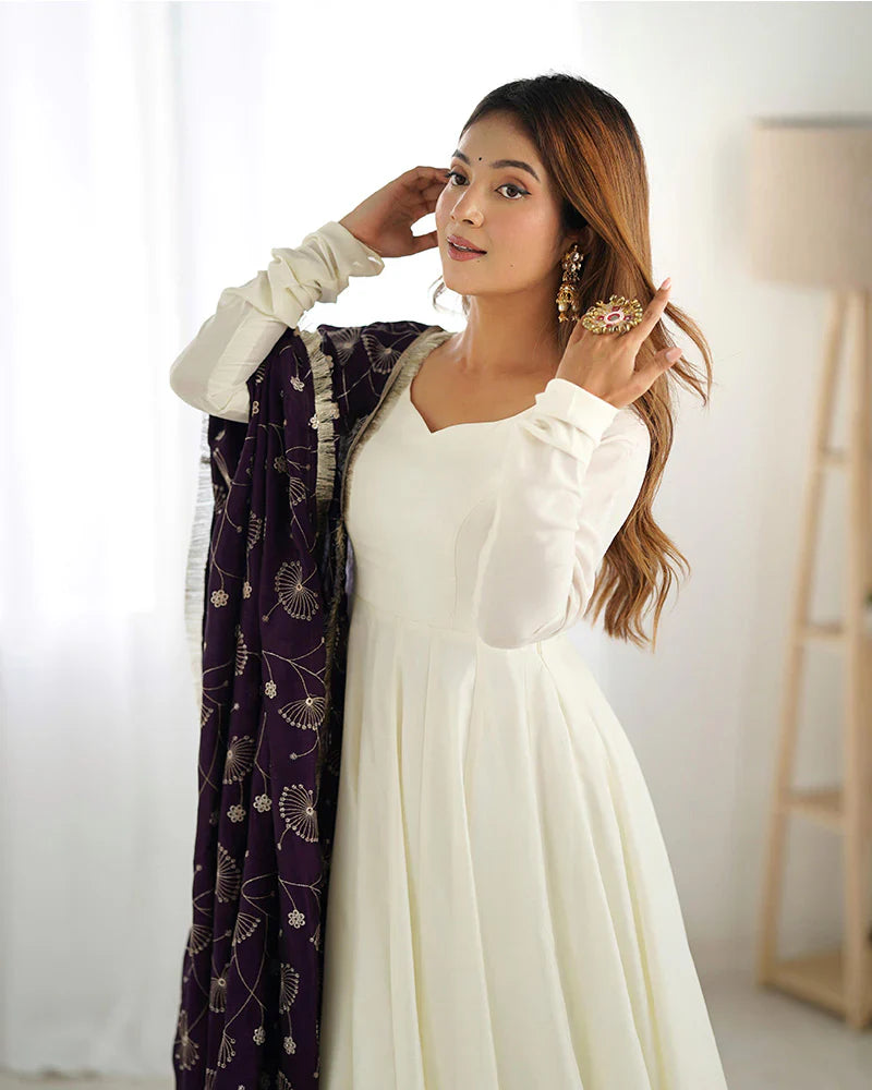 WHITE COLOR SOFT VICHITRA SILK ANARKALI WITH DARK PURPLE DUPATTA