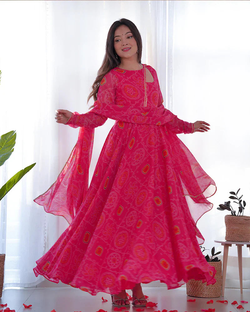 PINK COLOR BANDHEJ PRINT SOFT CHIFFON STYLISH NECK THREE PIECE ANARKALI GOWN