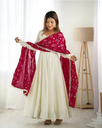 WHITE COLOR SOFT VICHITRA SILK ANARKALI WITH RANI PINK DUPATTA