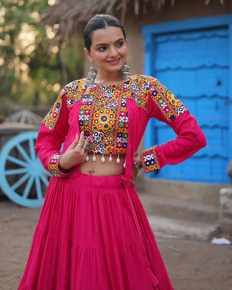 RANI PINK COLOR RAYON EMBROIDERED NAVRATRI LEHENGA CHOLI