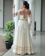 ELEGANT OFF WHITE KORA COTTON MIRROR WORK NAVRATRI LEHENGA CHOLI