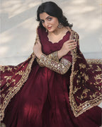 DARK MAROON COLOR VICHITRA SHIMMER SEQUENCE EMBROIDERED BRIDAL GOWNWITH DUPATTA