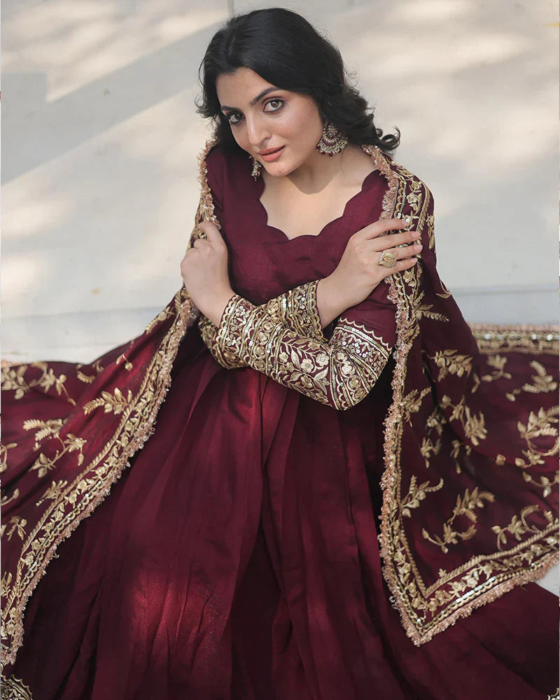 DARK MAROON COLOR VICHITRA SHIMMER SEQUENCE EMBROIDERED BRIDAL GOWNWITH DUPATTA