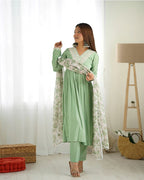 PISTA COLOR CHANDERI SILK THREE PIECE KURTI SUIT