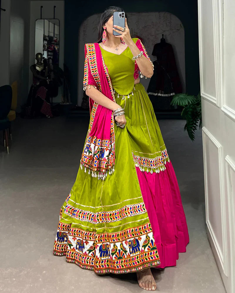 PINK AND PARROT COMBINATION COLOR COTTON NAVRATRI LEHENGA CHOLI