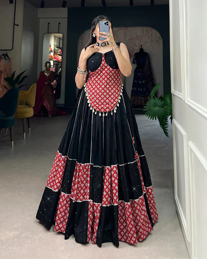 DESIGNER MAROON AND BLACK COLOR COTTON PRINTED LEHENGA CHOLI