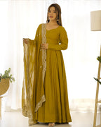 BEAUTIFUL MUSTARD COLOR PURE CHANDERI SILK THREE PIECE ANARKALI SUIT