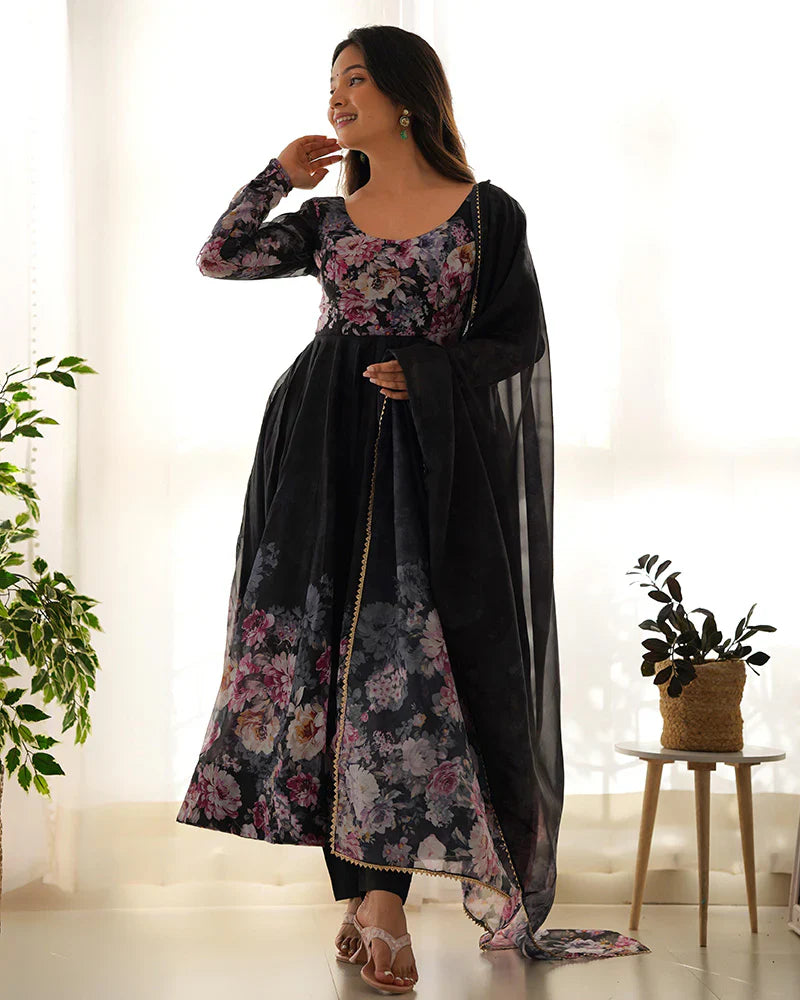 BLACK COLOR FLORAL PRINT ORGANZA THREE PIECE ANARKALI SUIT