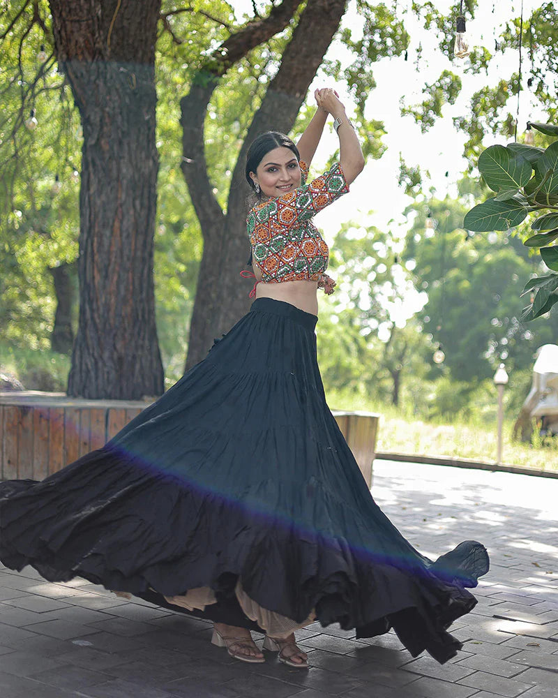 BLACK COLOR RAYON FULL FLAIR NAVRATRI LEHENGA CHOLI