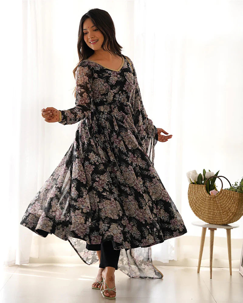 BLACK COLOR GEORGETTE THREE PIECE ANARKALI SUIT