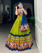 PARROT GREEN AND BLUE COLOR PURE COTTON NAVRATRI LEHENGA CHOLI