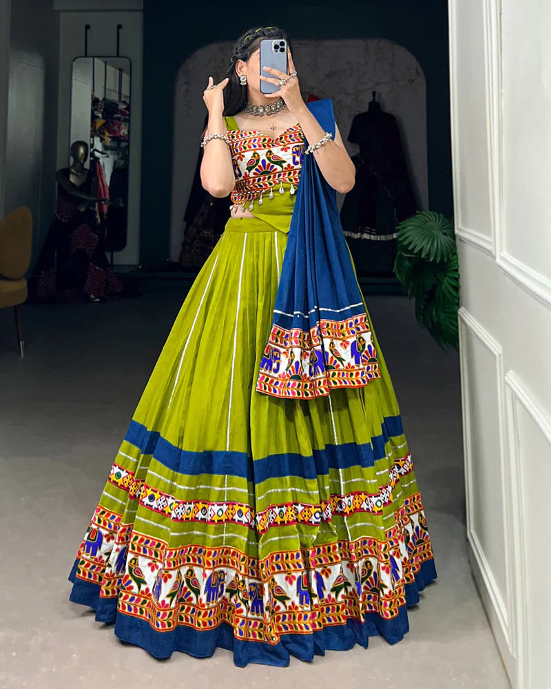 PARROT GREEN AND BLUE COLOR PURE COTTON NAVRATRI LEHENGA CHOLI