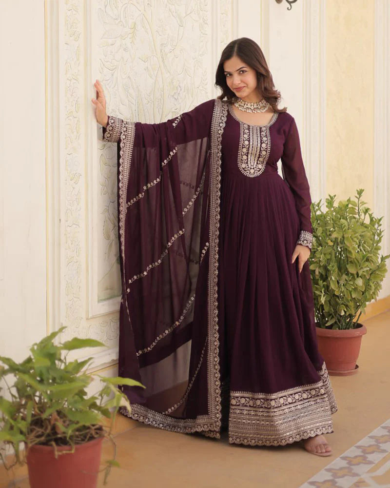 WINE COLOR FAUX BLOOMING RICH SEQUENCE EMBROIDERED GOWN