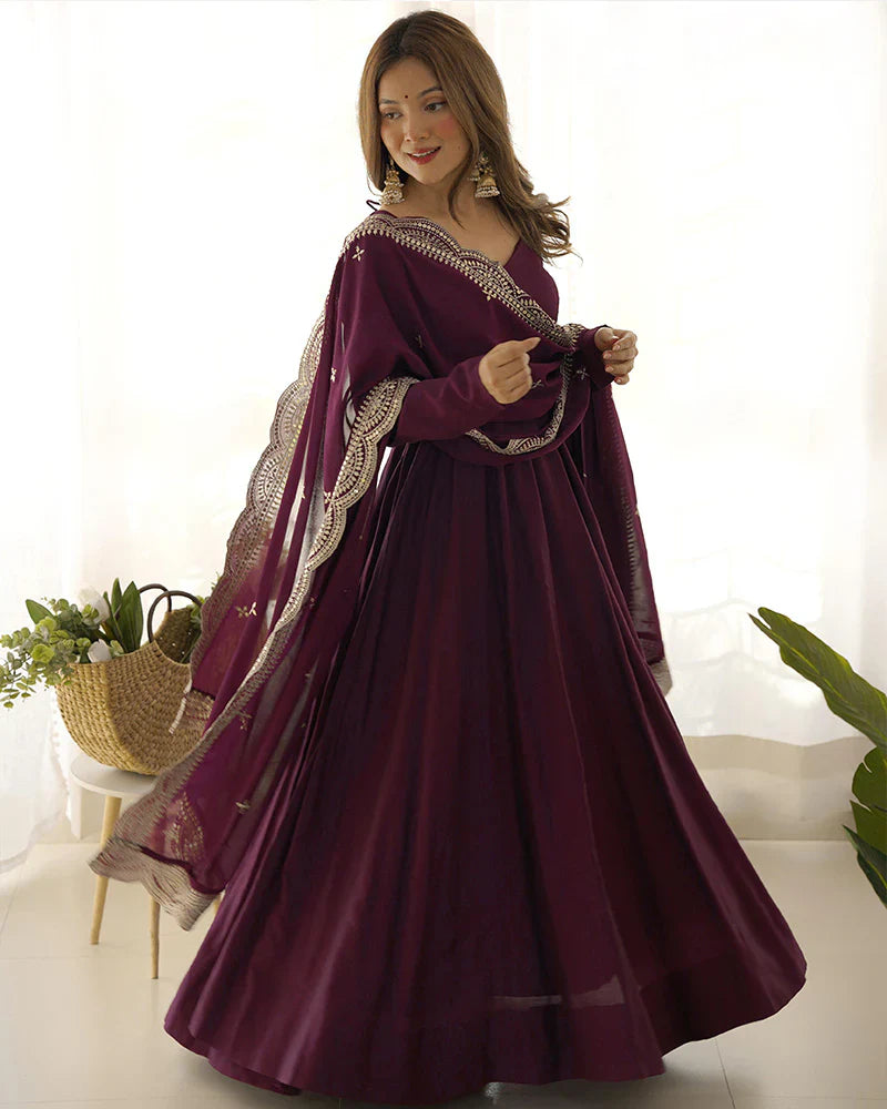 BEAUTIFUL WINE COLOR PURE CHANDERI SILK THREE PIECE ANARKALI SUIT