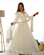 BEAUTIFUL WHITE COLOR PURE CHANDERI SILK THREE PIECE ANARKALI SUIT