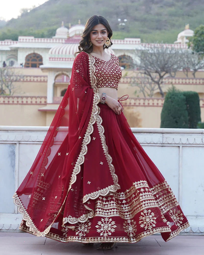 DESIGNER SEQUENCE EMBROIDERY WORK GEORGETTE LEHENGA CHOLI IN MAROON COLOR