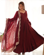 BEAUTIFUL MAROON COLOR PURE CHANDERI SILK THREE PIECE ANARKALI SUIT