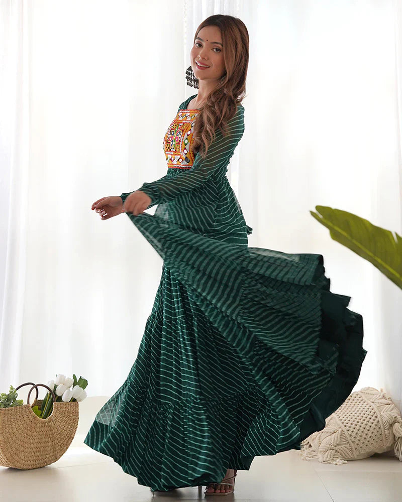 GREEN COLOR GEORGETTE LAHERIYA PRINT NAVRATRI GOWN