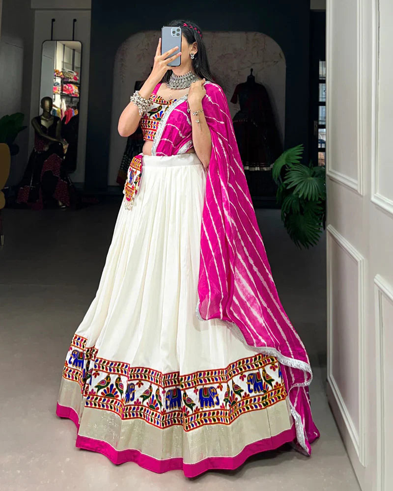 WHITE COLOR RAYON GAMTHI WORK NAVRATRI LEHENGA CHOLI