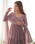 BROWN COLOR SOFT GEORGETTE RUFFLE STYLE ANARKALI SUIT