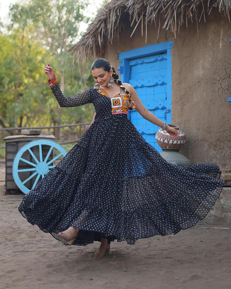BLACK COLOR GEORGETTE FULL FLAIR NAVRATRI GOWN