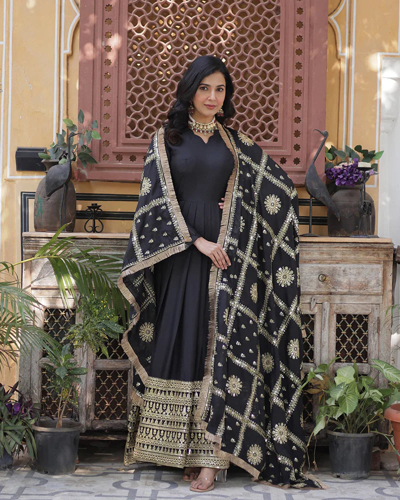 BLACK COLOR STAR GEORGETTE FABRIC BASE EMBROIDERED SEQUENCE WORK GOWN WITH DUPATTA