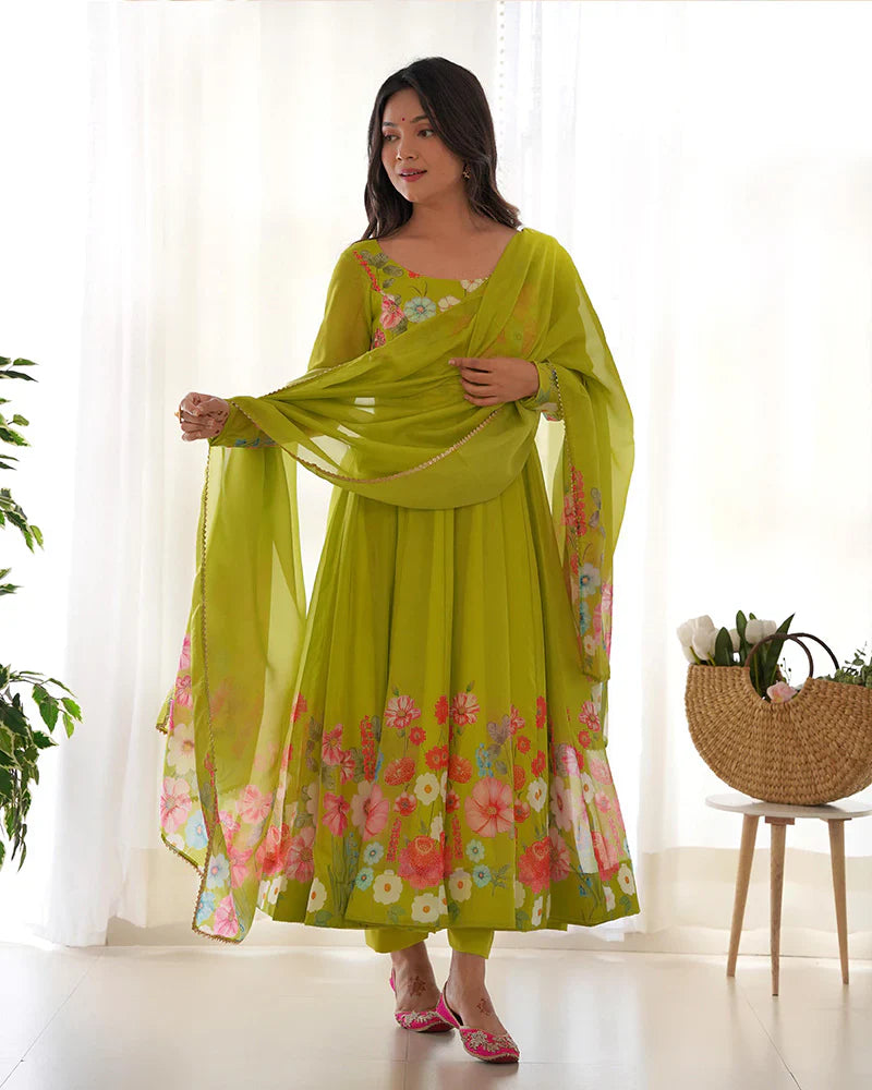 NEON COLOR FLORAL PRINT ORGANZA THREE PIECE ANARKALI SUIT