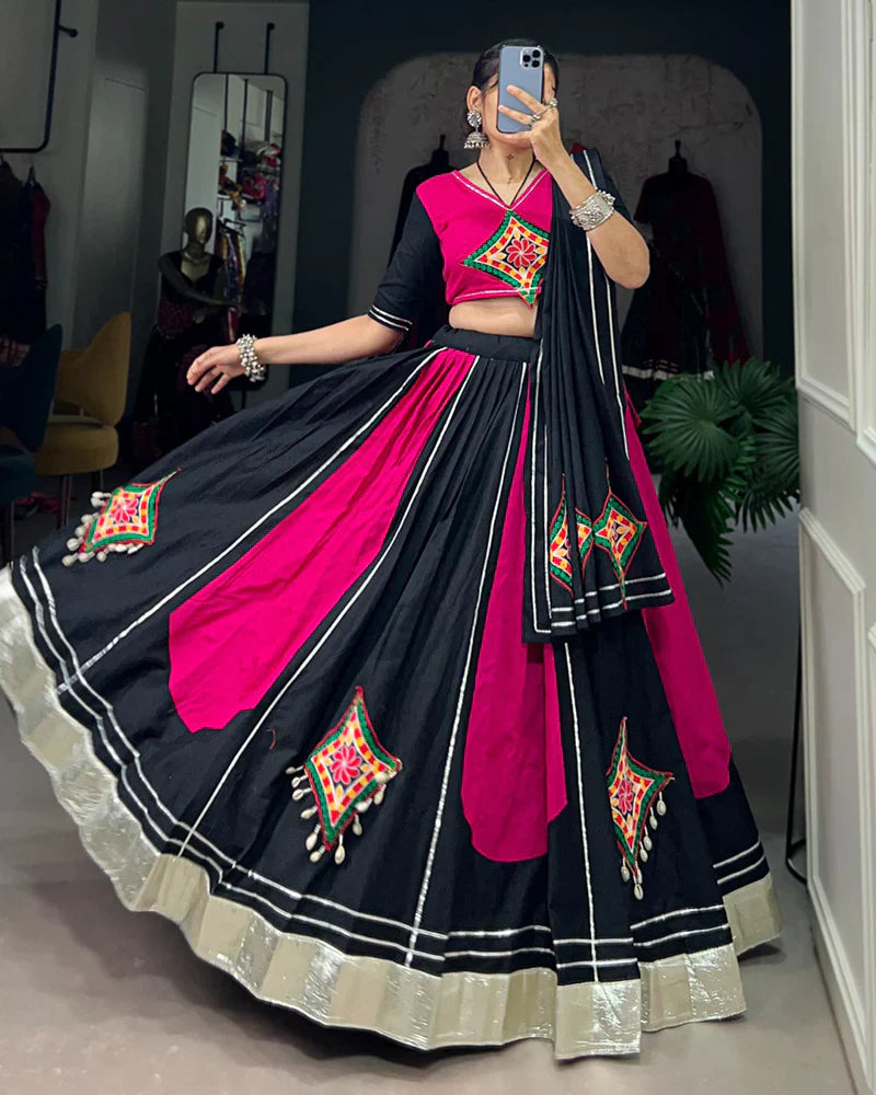 PINK AND BLACK COLOR COTTON NAVRATRI LEHENGA CHOLI