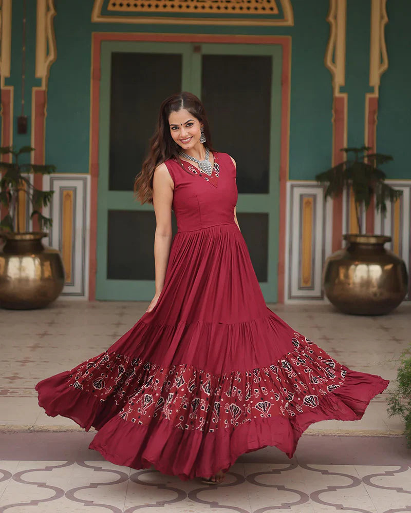 MAROON COLOR REYON PRINTED NAVRATRI GOWN