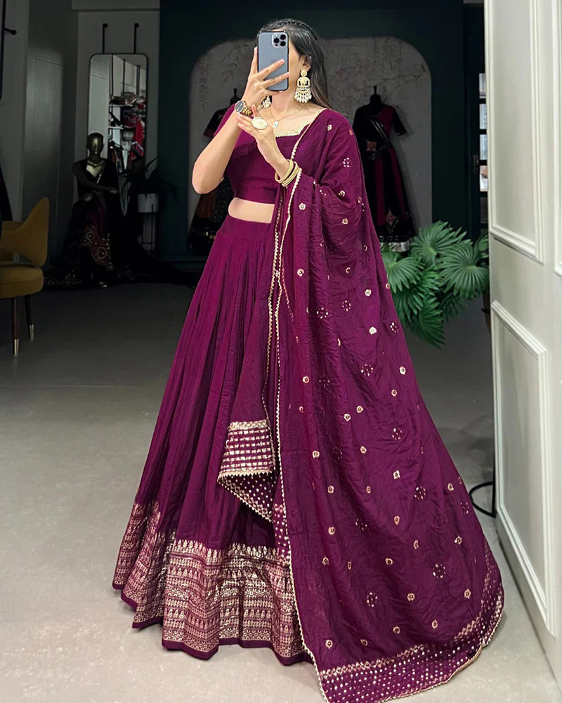 WINE COLOR PURE CHANDERI PLAIN NAVRATRI LEHENGA CHOLI