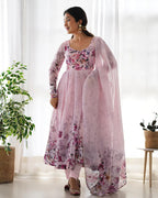 BABY PINK COLOR FLORAL PRINT ORGANZA THREE PIECE ANARKALI SUIT