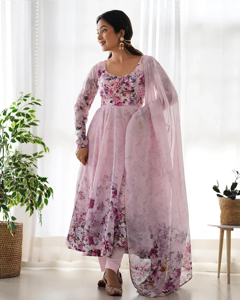 BABY PINK COLOR FLORAL PRINT ORGANZA THREE PIECE ANARKALI SUIT